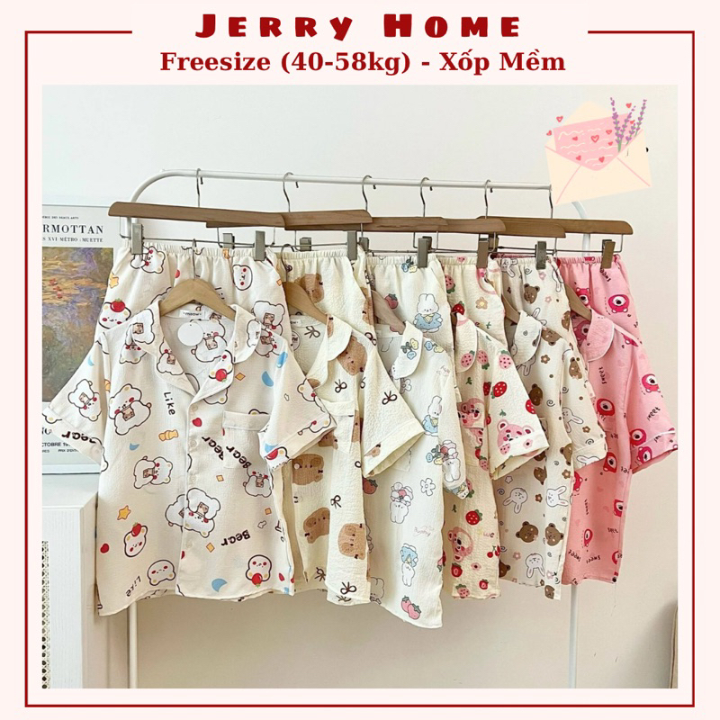 Đồ Bộ Freesize 40-58kg, Pijama Đũi Xốp Tay Ngắn Cộc Đùi Dễ Thương