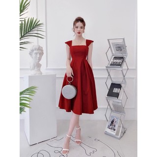 (Xã kho bán lỗ, ko đổi trả) M500 - Đầm nhung hai dây hở lưng phối dây cườm thắt nơ dáng xòe