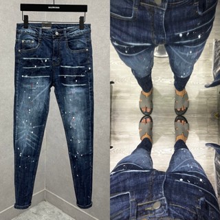  Quần jean bò nam Dsq slimfit wash xanh bạc loang kẻ sóng vảy sơn phối khoá zip 2 túi sau basic QJ415P 