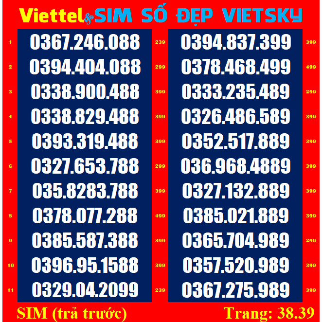 SIM SỐ ĐẸP viettel Đuôi 88,99,98,89 - TR38,39,40 - Dễ Nhớ *** SIM Viettel được nhiều người yêu thích