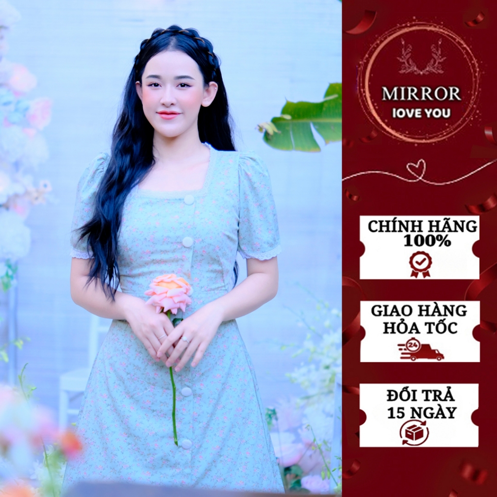Váy hoa nhí cổ vuông đầm thiết kế đầm nữ phom chữ A có tay che khuyết điểm đầm công sở đầm đi chơi đầm đi du lịch