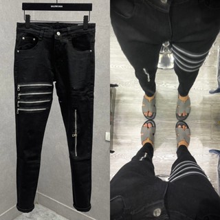 Quần jean bò nam Amiri slimfit đen trơn thêu 4 khoá zip đùi phối khoá dọc gối đơn giản boy phố QJ414P