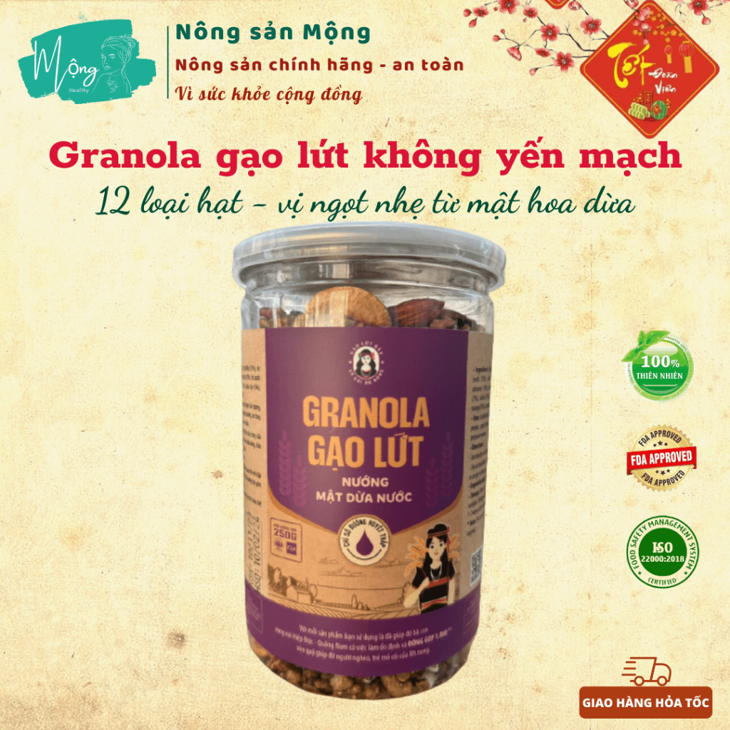 Granola siêu hạt dinh dưỡng không yến mạch Bh'nong - Ăn kèm sữa chua, ăn sáng, ăn kiêng, dinh dưỡng - Hộp 250gr