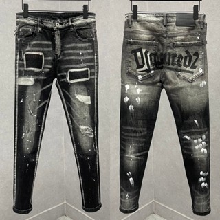 Quần jean bò nam Dsq côn đen xám wash rách xước vá in sơn chữ Dsquared2 sau mông cao cấp QJ419P