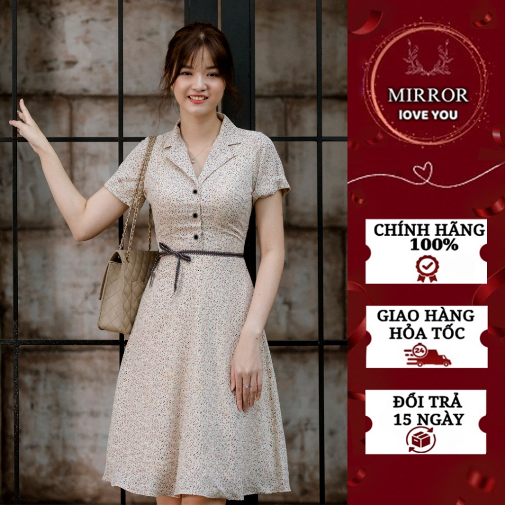 Váy hoa nhí cổ danton đầm thiết kế đầm nữ xoè tôn dáng có tay che khuyết điểm đầm công sở đầm đi chơi đầm đi du lịch