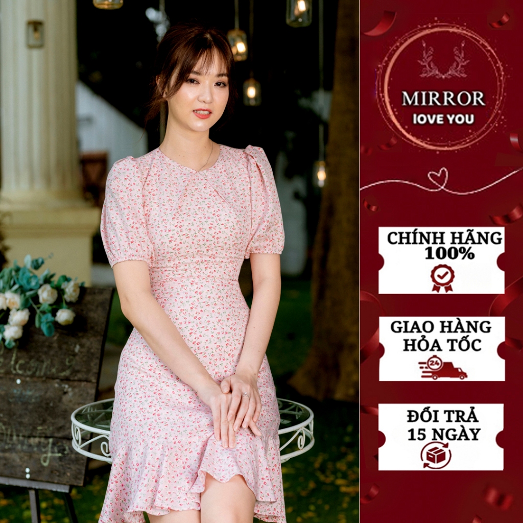 Váy hoa nhí cổ tròn đầm thiết kế đầm nữ xoè tôn dáng có tay phồng che khuyết điểm đầm công sở đầm đi chơi đầm đi du lịch