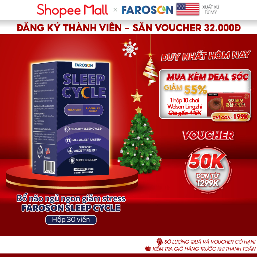 Viên uống bổ não Melatonin Vitamin B ngủ ngon giảm stress Faroson Sleep Cycle hộp 30 viên