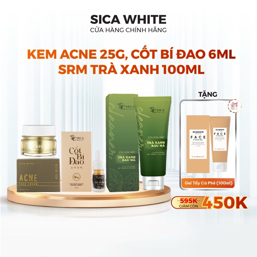 Combo mụn Acne Sica White, kem mụn Acne 25G, cốt bí đao 6ML và sữa rửa mặt trà xanh, rau má 100ML - Sica White