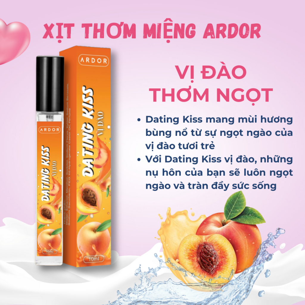 Xịt Thơm Miệng Vị Đào Kissing Spray ARDOR Sịt Miệng Nam Nữ Hương Trái Cây Kẹo Ngọt The Mát Vị Bạc Hà Chai 10ml