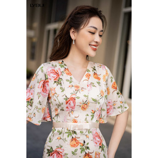 Váy Lụa Be Hoa Hồng Nơ Eo Ly Bui AT03_2