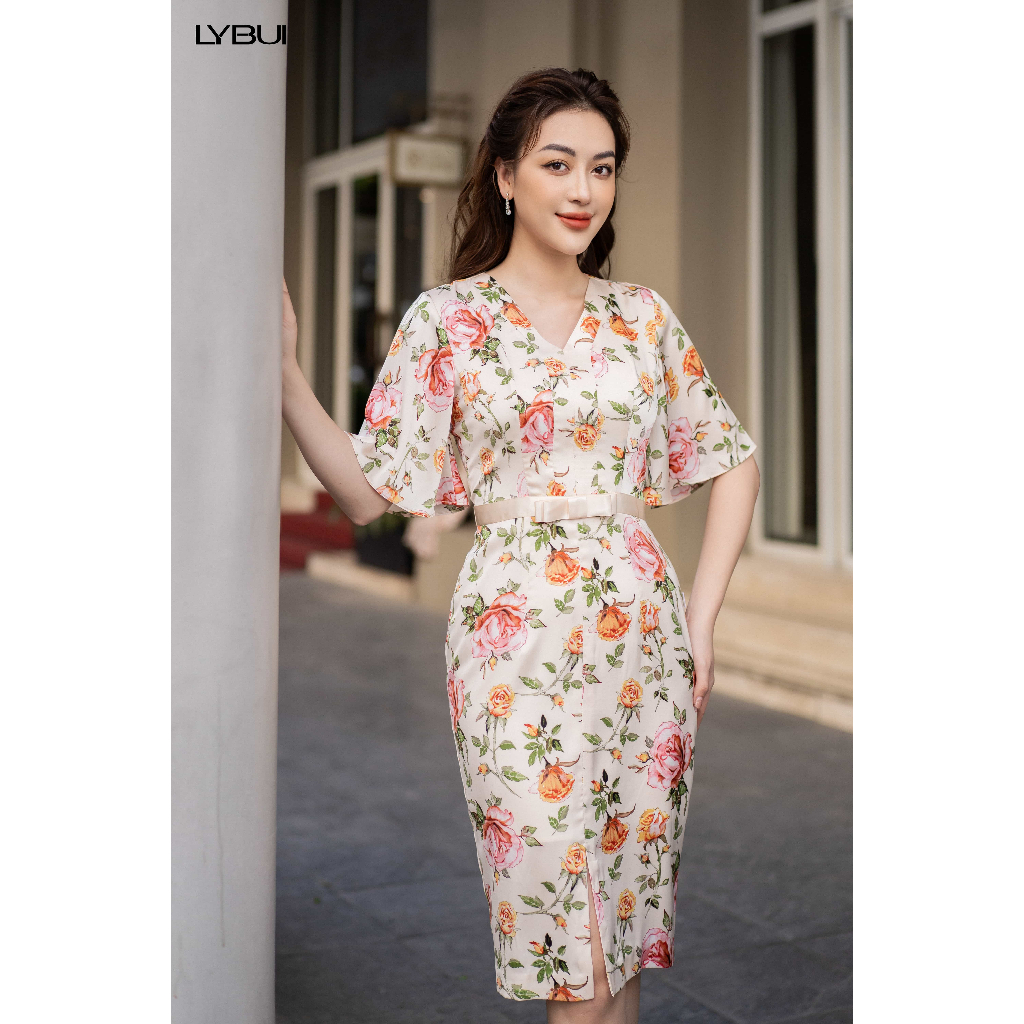 Váy Lụa Be Hoa Hồng Nơ Eo Ly Bui AT03_2