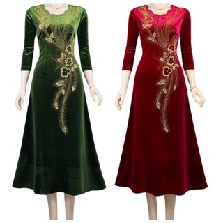 Đầm dạ hội nhung trung niên đi tiệc cổ sóng nước hoa mai ép đá tay lỡ size lớn 75kg, Đầm nhung trung niên dạ hội bigsize