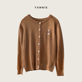 Áo khoác len cardigan dệt kim cổ tròn hình gấu basic Yannie