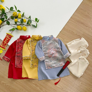 Áo dài phối gấm rồng cho bé trai