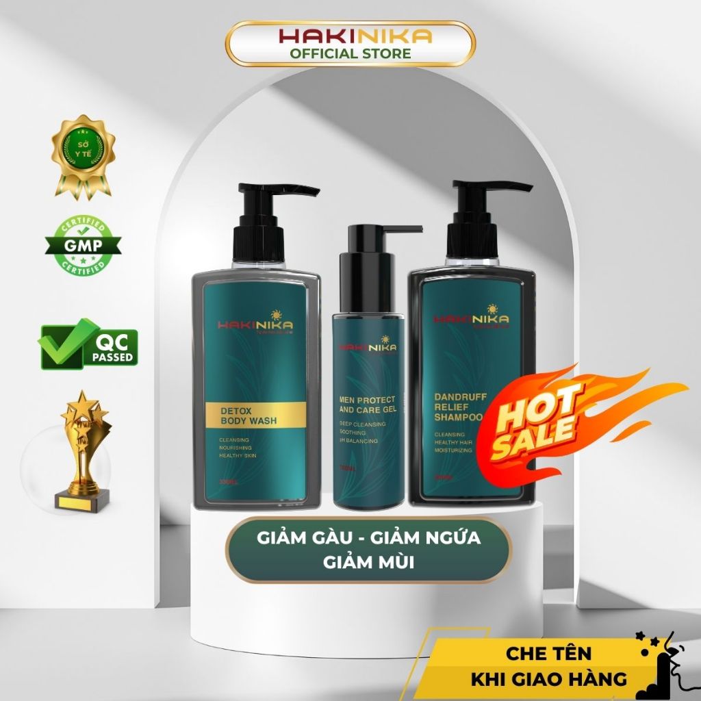 Combo dầu gội giảm gàu ngứa, sữa tắm khử mùi cơ thể giảm mụn lưng, ddvs nam chiết xuất thiên nhiên HAKINIKA