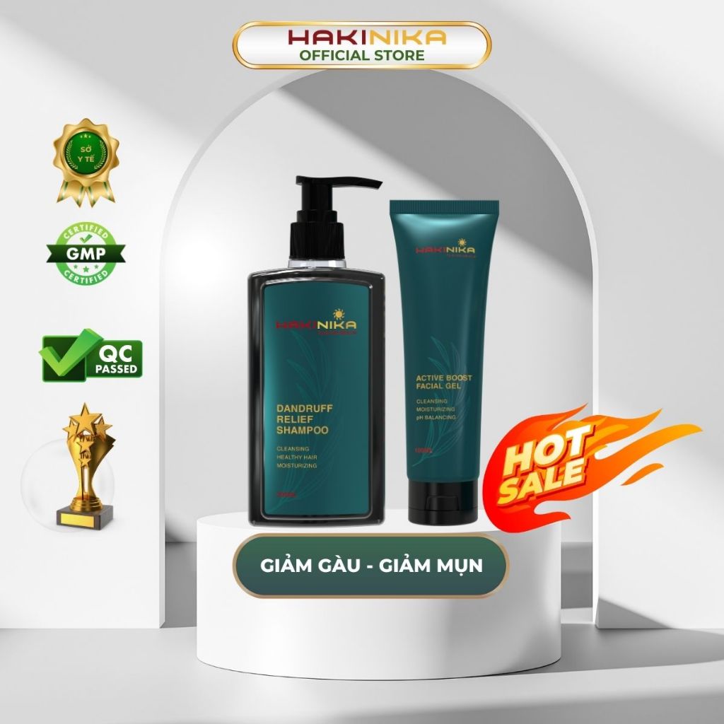 Combo dầu gội giảm gàu ngứa, tóc bết và sữa rửa mặt giảm mụn, thâm sạm, giảm nhờn cân bằng độ ẩm HAKINIKA