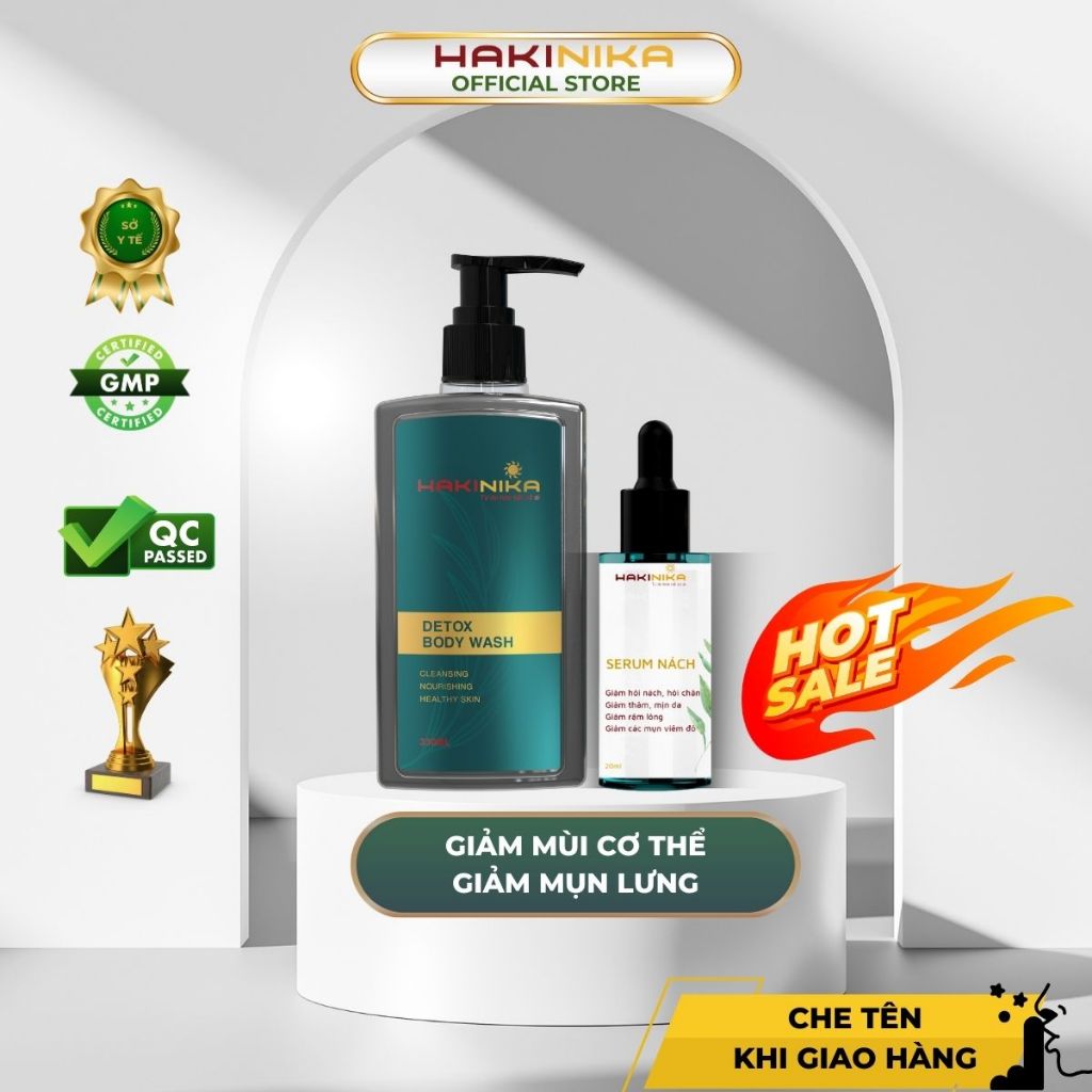 Combo sữa tắm khử mùi cơ thể, giảm mụn lưng và serum giảm hôi nách thâm nách, sáng da Hakinika [Che tên khi giao hàng]
