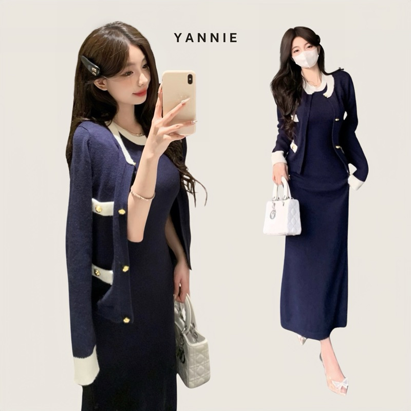 Set áo khoác len cardigan mỏng dệt kim cổ tròn + váy đầm body dài dáng ôm Yannie