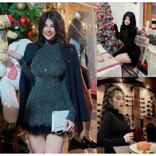 Đầm body tay dài cổ lọ form ngắn phối lông chất len gân, mặc đi tiệc đi chơi....