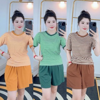 (40-80kg) đồ bộ đùi quần lửng phối áo sọc thun tăm lạnh mặc thoải mái ở nhà, cafe, dạo phố