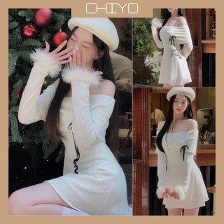 Đầm trễ vai gân len chiyo tay dài phối lông d293