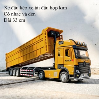 Đồ chơi xe đầu kéo xe ben bằng hợp kim có nhạc và đèn chạy cót dài 33 cm nâng hạ thùng mở cửa