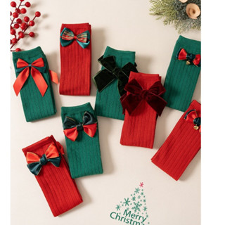  Tất đến gối cho bé đính nơ điệu mùa noel xanh đỏ tất đùi bé gái dài Baby City 
