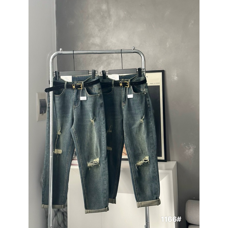 Quần baggy bò mềm co giãn rách kèm đai mã 1166#