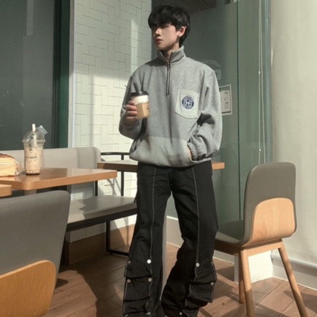 Áo polo 52RETRO lai rút cổ trụ zip nỉ bông cao cấp Xám