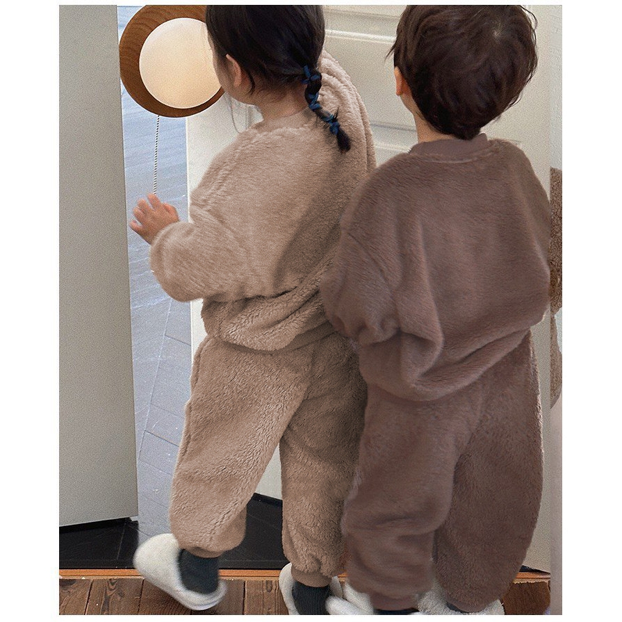 TE407 - Bộ áo + quần lông cho bé trai bé gái Hokiha Kids đáng yêu lót lông ấm áp, mềm mại size 8-14kg