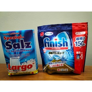 Combo Viên rửa bát Finish túi 150 viên màng bọc tự tan + Muối làm mềm nước Largo 1,2kg +Tặng que thử nước cứng