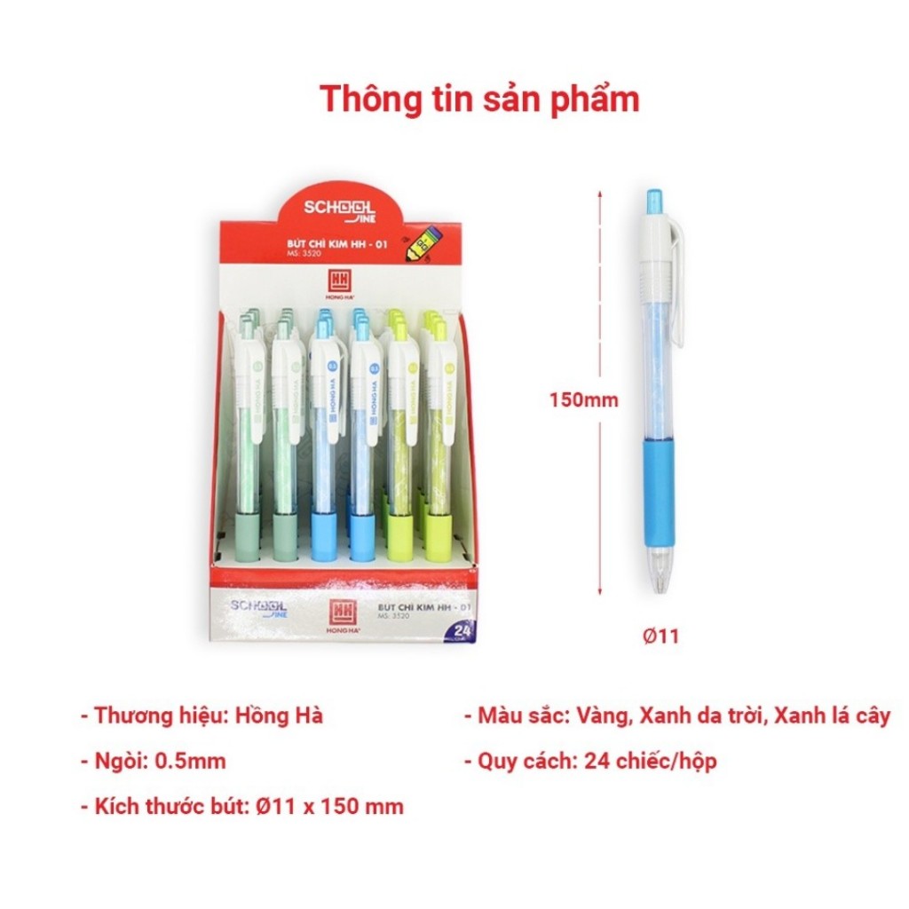 Bút chì kim bấm học sinh Hồng Hà - ngòi 0.5mm có đệm tay bảo vệ dùng cho học sinh - 3520