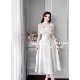 Váy Nữ Dự Tiệc Thiết Kế Cúp Ngực Dáng Xòe Dài Đính Hoa Tua Dây Choàng Cổ Sang Chảnh