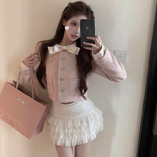 Set dạ tweed hồng tiểu thư gắn nơ đệm vai có tách set kèm hình thật