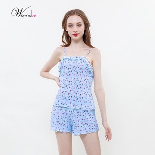 Đồ bộ mặc nhà WANNABE BSS94 bộ quần sọt áo 2 dây lụa mango mềm mịn hoa nhỏ dễ cưng tôn vẻ trẻ trung