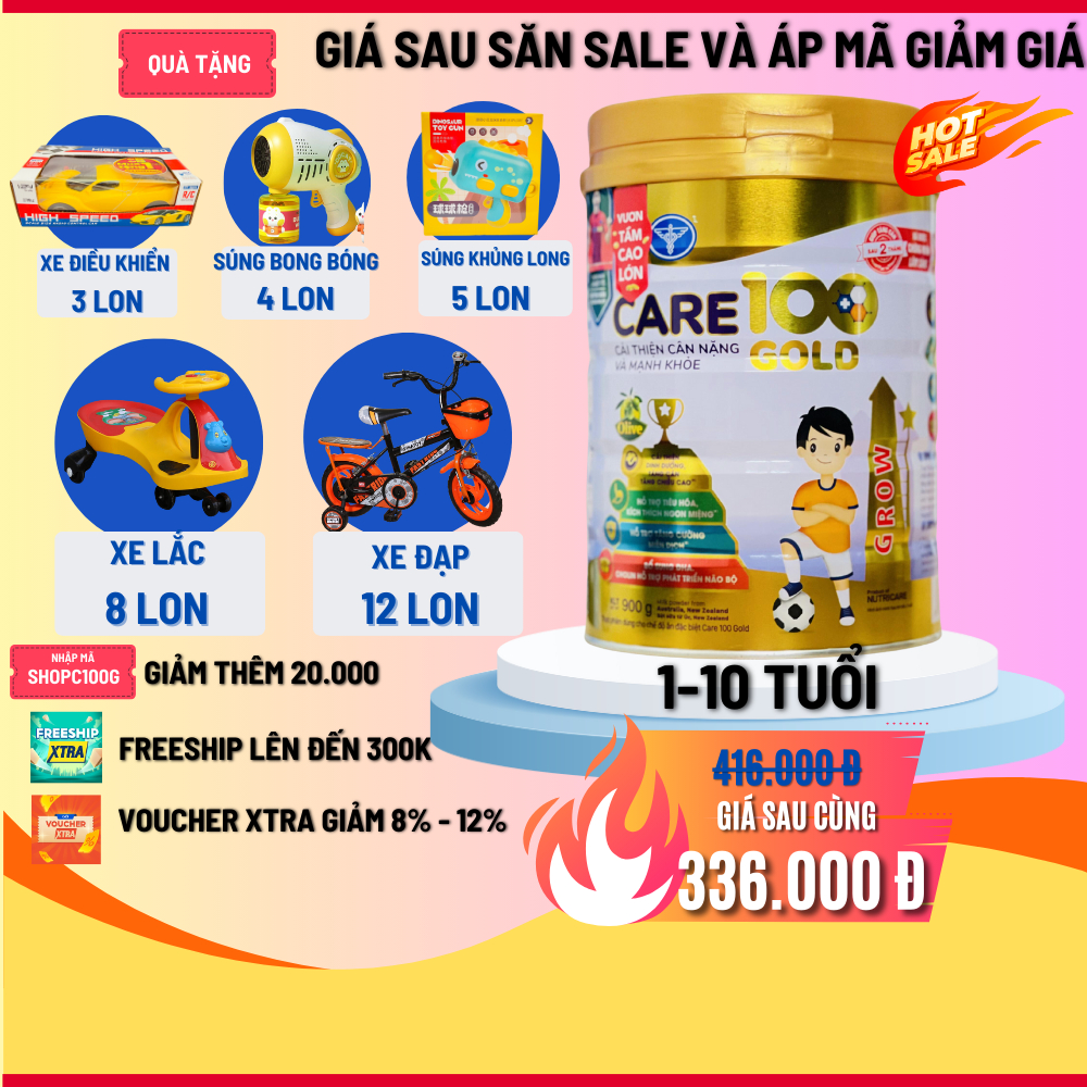 DATE 2025 - TẶNG QUÀ - Sữa bột Care 100 Gold Tăng cân và chiều cao cho trẻ từ 1-10 tuổi (Lon 900g)