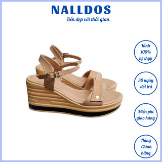 Sandal quai ngang trang trí si đan NALLDOS quai da Microfiber đế xuồng PU cao 7cm