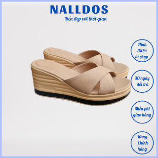 Dép quai chéo nữ NALLDOS quai da Mcrofiber đế xuồng PU cao 7cm nhẹ và êm