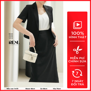 Blazer công sở dáng suông form lửng tay ngắn đen_real