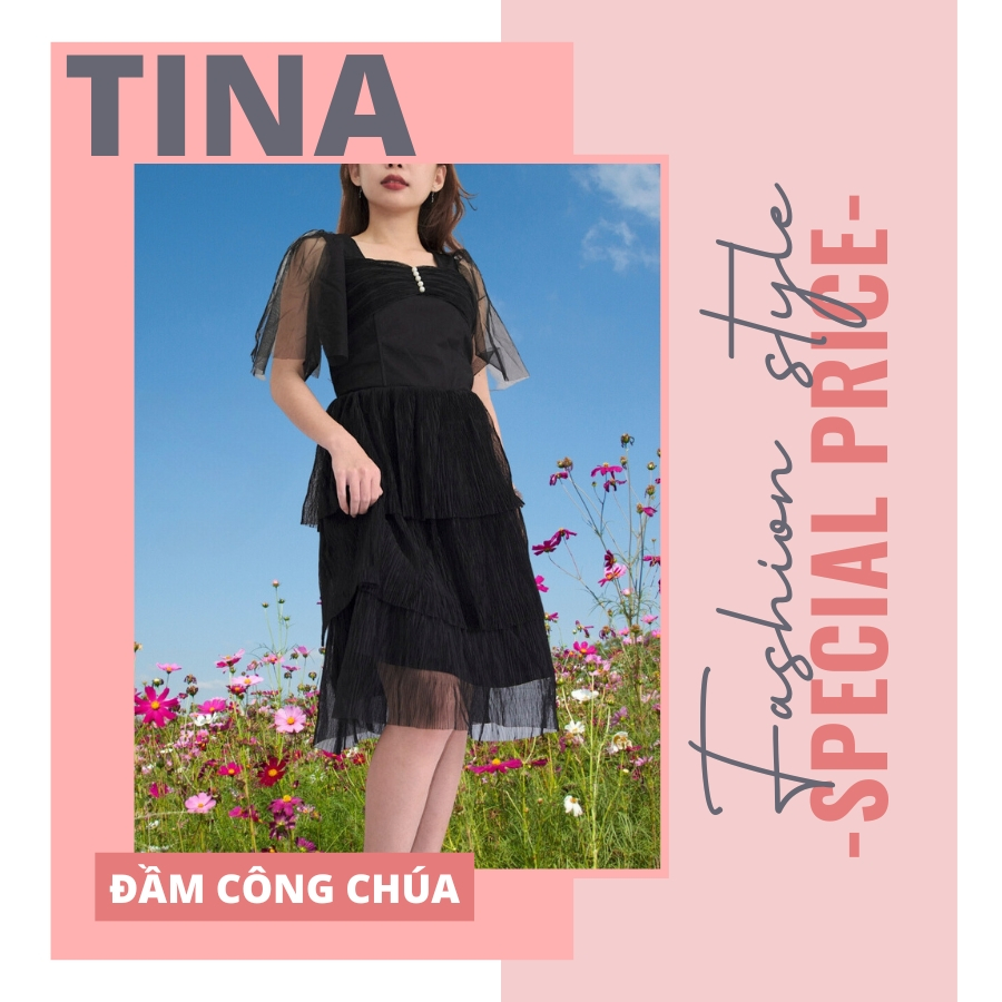 Đầm công chúa lưới tầng cổ vuông nơ ngực, Đầm xòe tầng tiểu thư kết hạt trắng xinh xắn, nữ tính 5 màu tôn da dài qua gối
