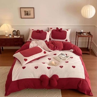 Bộ chăn ga gối nỉ nhung sữa tim nơ đỏ hồng 4 món cho đám cưới DREAMHOME