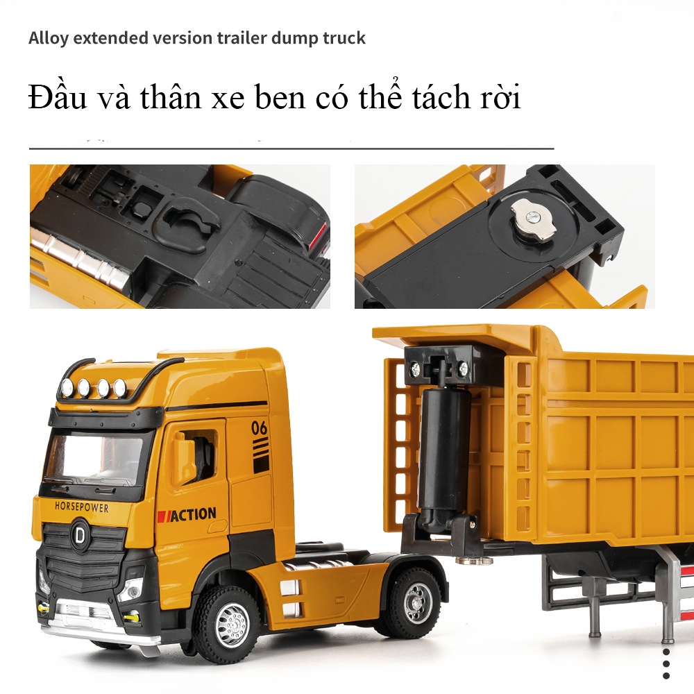 Đồ chơi xe đầu kéo xe ben KAVY bằng hợp kim có nhạc và đèn chạy cót dài 33 cm nâng hạ thùng mở cửa