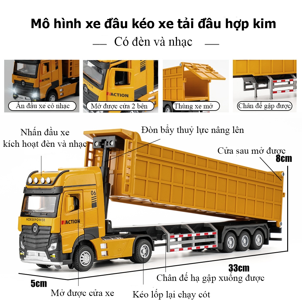 Đồ chơi xe đầu kéo xe ben KAVY bằng hợp kim có nhạc và đèn chạy cót dài 33 cm nâng hạ thùng mở cửa