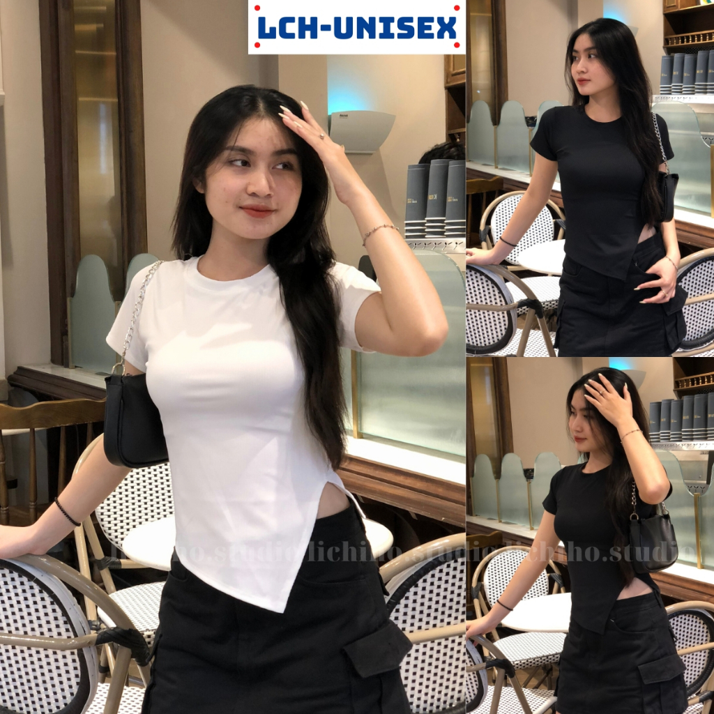 Áo thun nữ cổ tròn ôm body Lch áo kiểu basic xẻ tà 1 bên tôn dáng vải thun mềm mịn