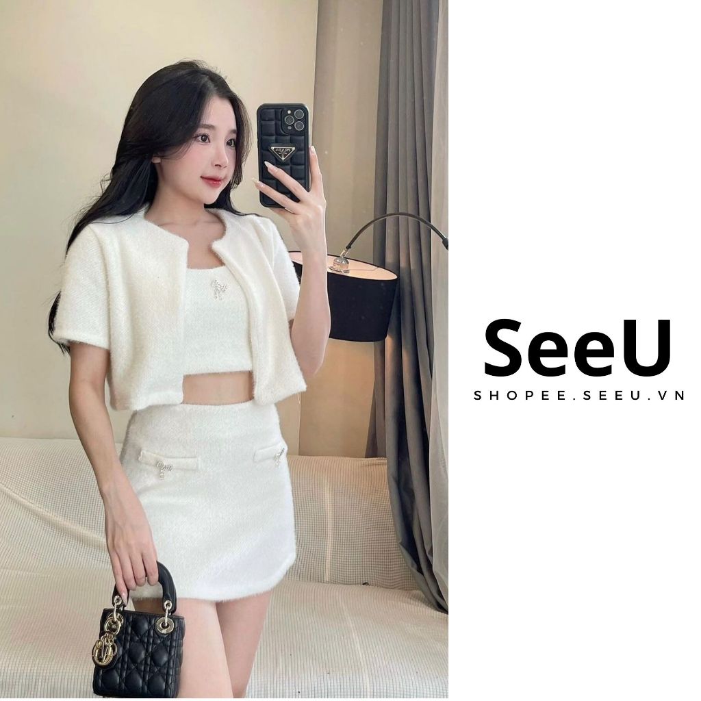 S103 [Kèm tag nơ đá] Set 3 món len lông thỏ Áo khoác ngoài cộc tay kèm 2 dây mix chân váy len dáng A| SeeU Studio