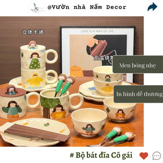 Bát đĩa sứ dễ thương vẽ tay thủ công Cô Gái