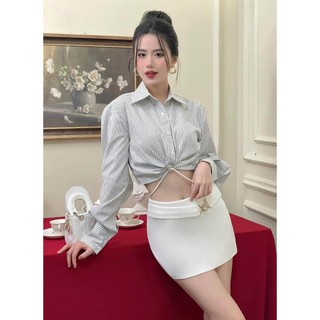 𝐀𝐠𝐞𝐭𝐚 𝐒𝐞𝐭 áo cotton thô croptop xoắn bụng mix chân váy tuyết mưa phối cạp - TKCC Ashley