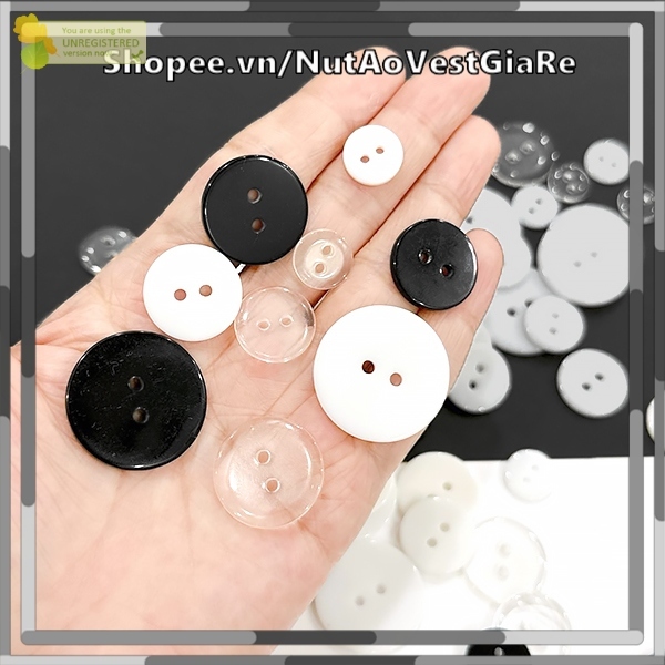 Set 50 Nút áo 2 lỗ màu trong suốt, đen, trắng (1cm, 1.2cm, 1.5cm, 1.8cm, 2cm) chất liệu nhựa dành cho may quần áo DIY .