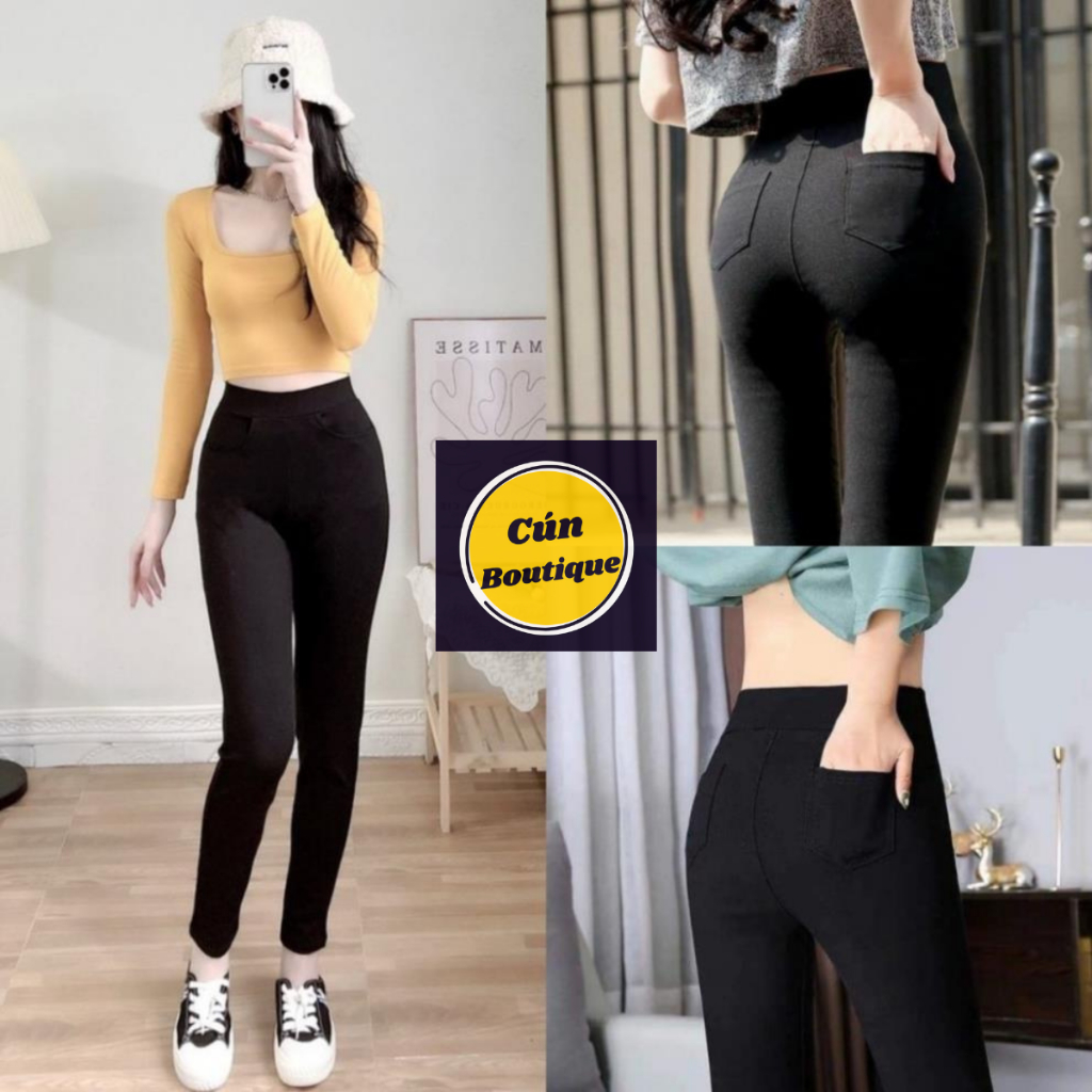 Quần legging nữ cạp cao dáng dài 4 túi vải cotton đen dày dặn co giãn ôm bó thể thao tập gym chạy bộ