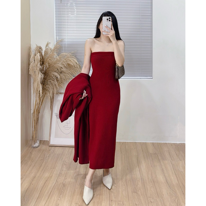 6009 Set len váy quây body và áo cardigan dáng dài
